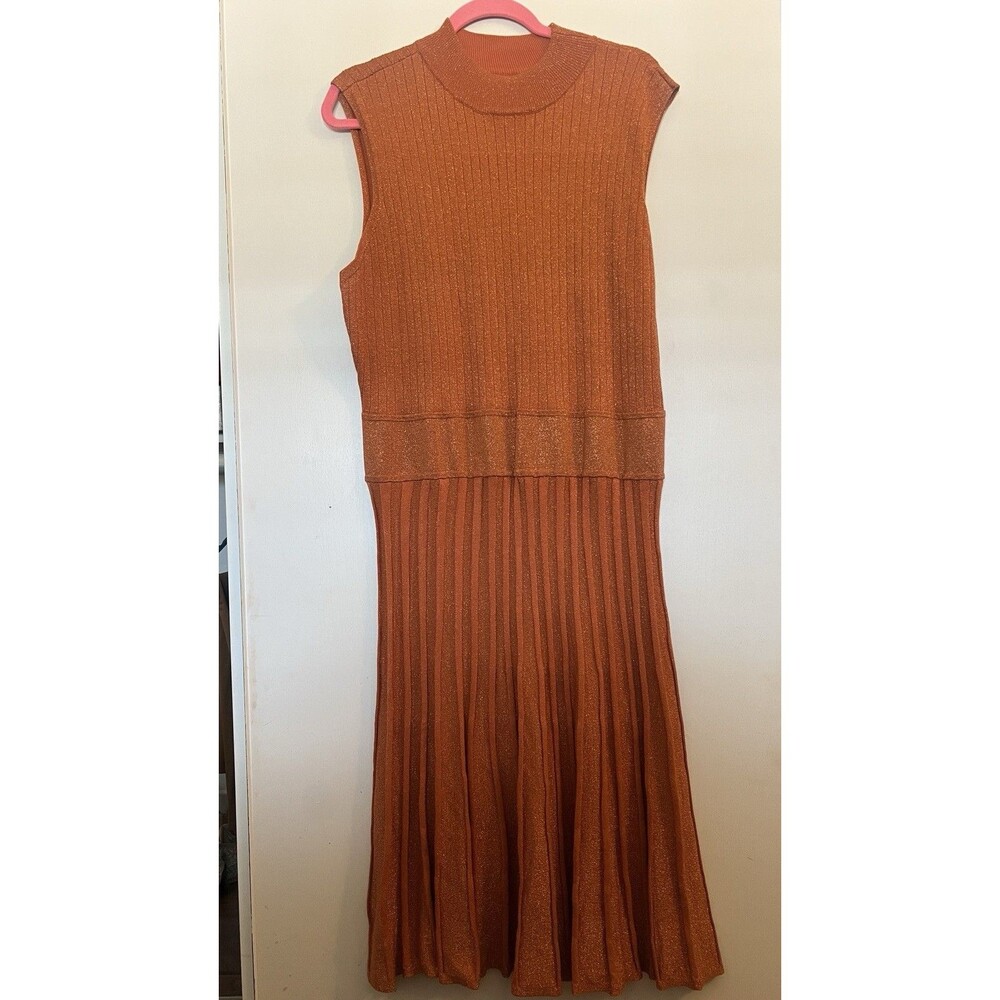 Ashro Orange Copper Metallic Chic Knit Pleated Dress Plus Size 2X